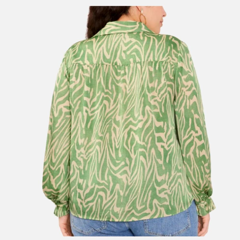 Vince Camuto Abstract Zebra Print Blouse Ruffle Top | Plus 3X, Green Cream NEW - Picture 2 of 14